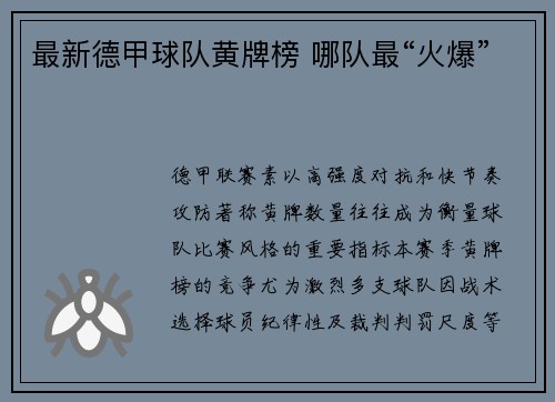 最新德甲球队黄牌榜 哪队最“火爆”